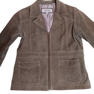 Wilson’s Leather Maxima Taupe Suede jacket Labeled L Fit Like M Fully Lined EUC